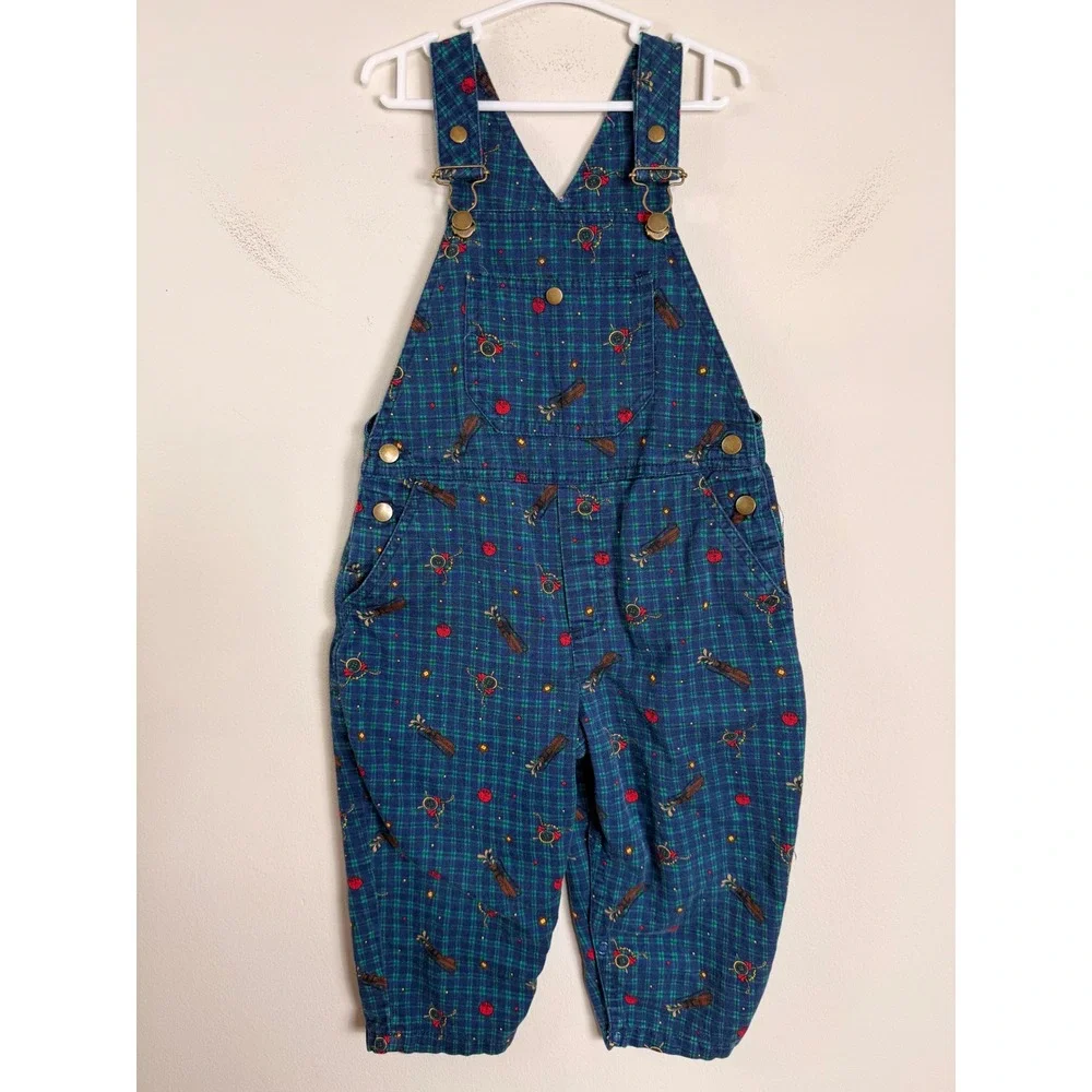 Vintage Gymboree Kids Blue  Plaid Golf Print Corduroy Overalls Size Small/2T